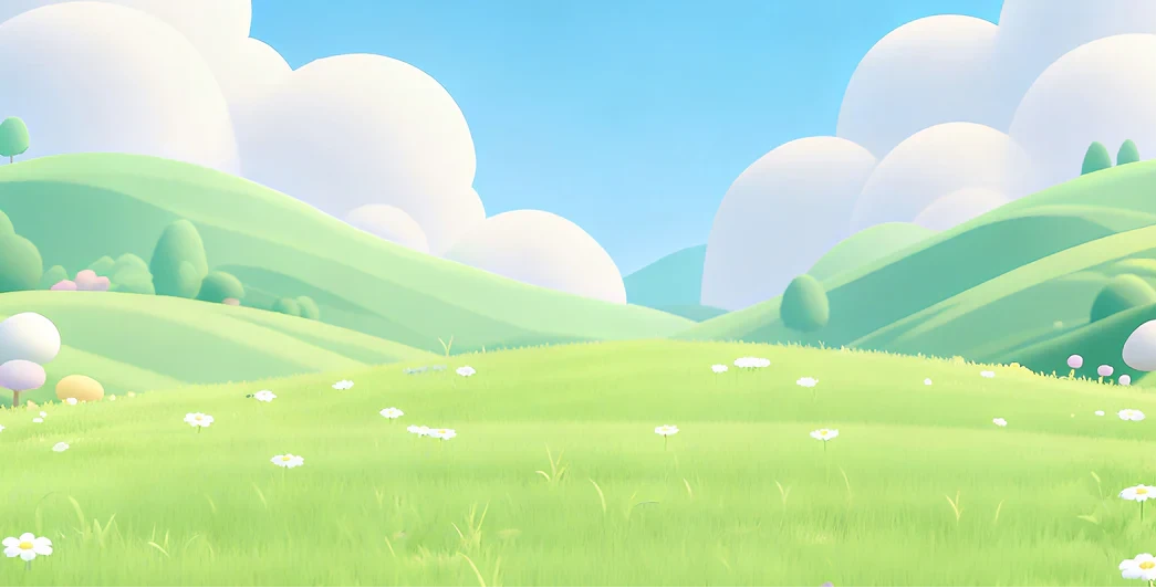 Cartoon landscape with green hills, white flowers, and fluffy clouds.